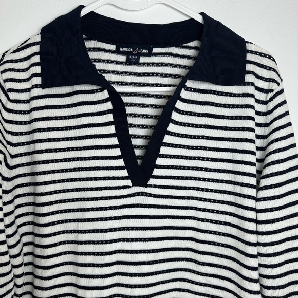 Nautica Women's Long Sleeve Striped Johnny Collar Pointelle Stitch. Size Large - Picture 4 of 10